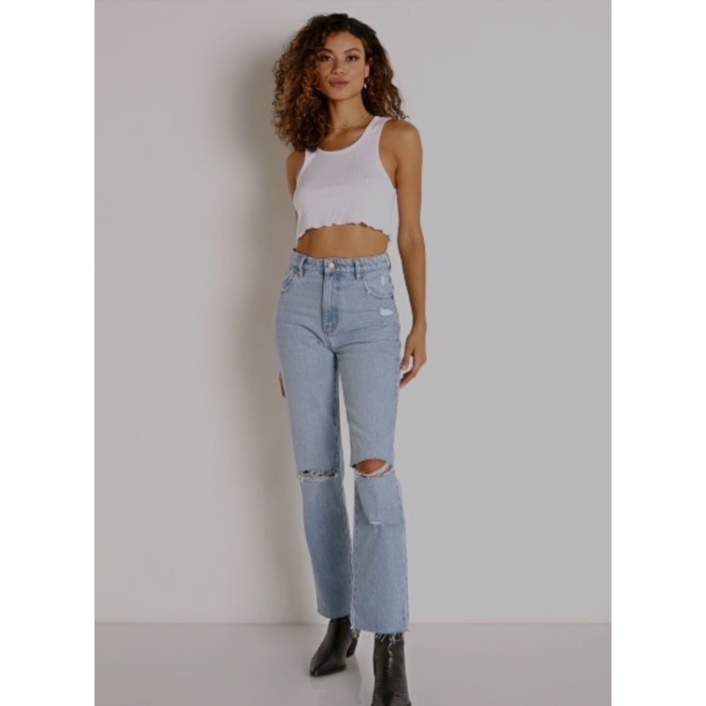 Rollas Original High Rise Straight Jeans Light Wash Distressed Knee Size 28